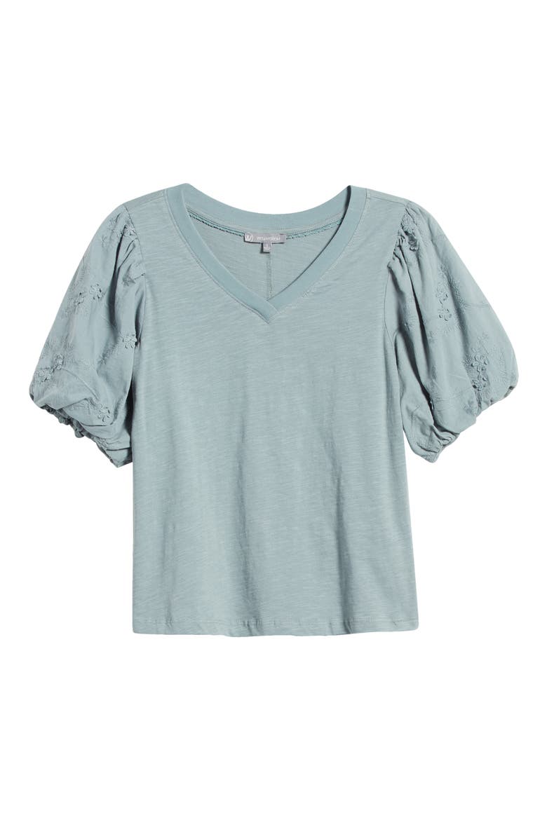 Embroidered Puff Sleeve V-Neck Top, Alternate, color, DUSTY SLATE
