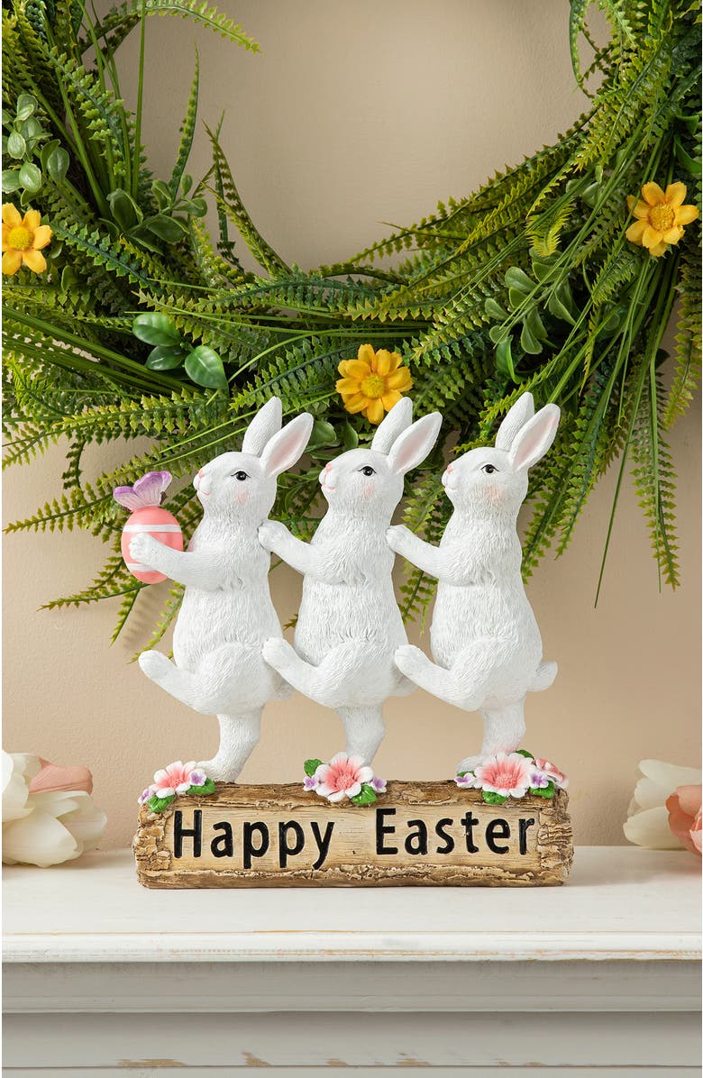 Glitzhome 9.25"H Easter Resin Triple Bunny Table Decor, Alternate, color, White
