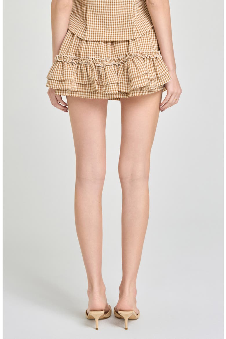 Aria Gingham Ruffle Miniskirt, Alternate, color, TAN