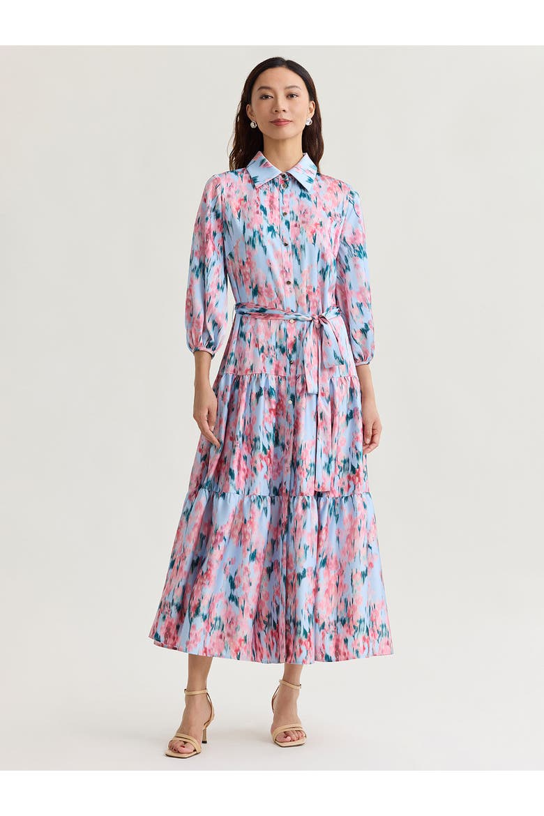 Printed Floral Crepe de Chine Tiered Maxi Dress, Main, color, Pink/Blue/Biscotti/Black