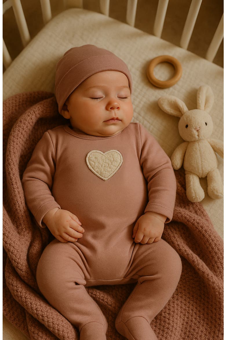 Heart Appliqué Footie & Beanie Set, Alternate, color, BERRY