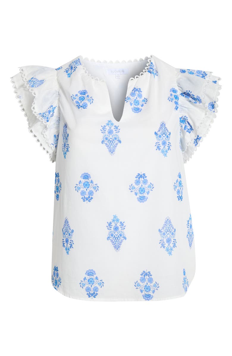 SUGARLIPS Yila Print Ruffle Sleeve Top, Alternate, color, Wht-Blues