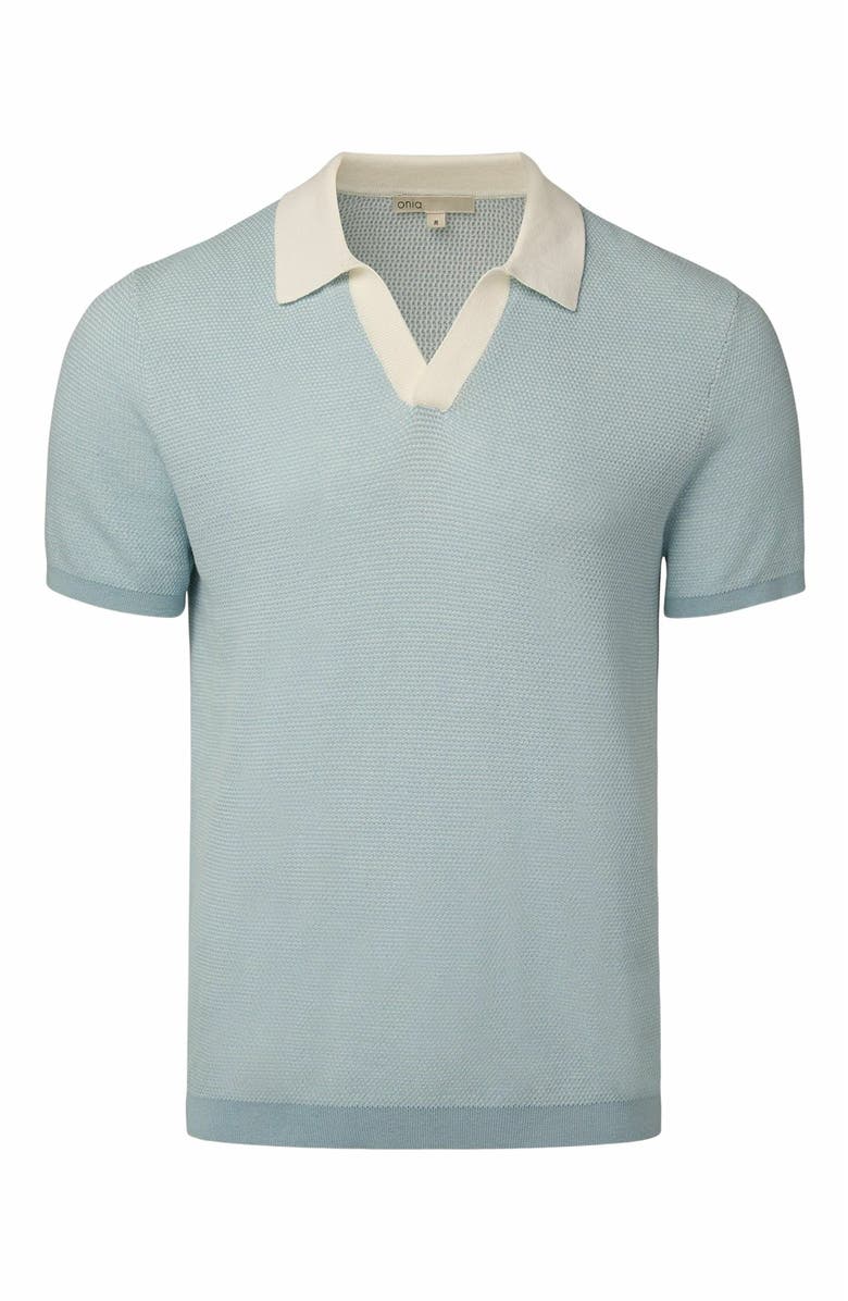 Onia Cotton Textured Johnny Collar Polo, Alternate, color, Pale Blue/Whte
