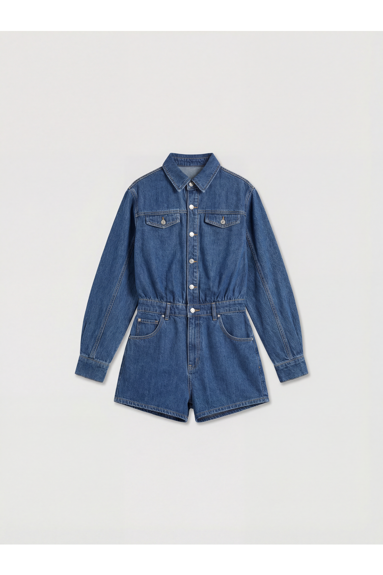 Structured Shoulder Denim Playsuit, Alternate, color, Mid Wash
