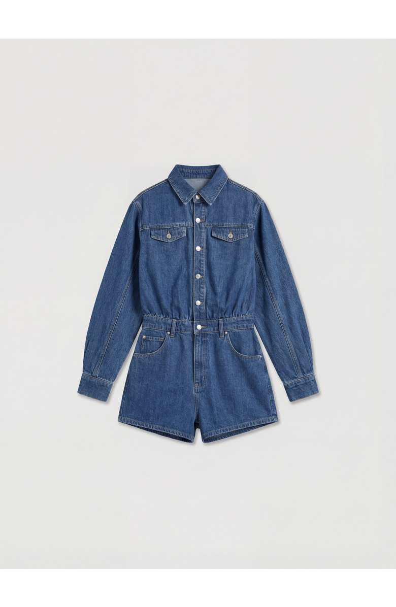 MissPap Structured Shoulder Denim Playsuit, Alternate, color, Mid Wash