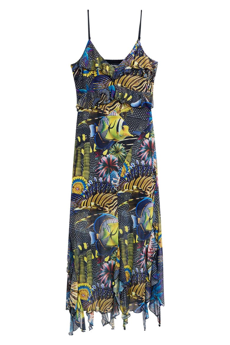 Print Ruffle Sleeveless Midi Dress, Alternate, color, BLACK
