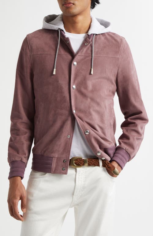 Shop Eleventy Suede Bomber Jacket With Knit Removable Hood In 47-13 Berry Lt Grey Melange