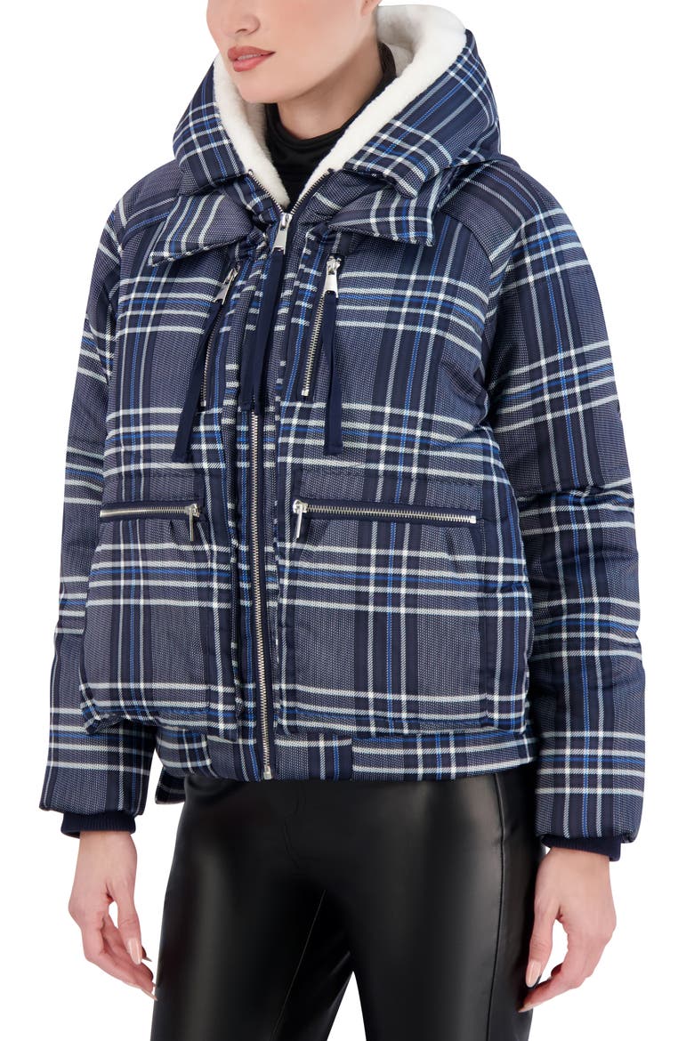 Plaid Faux Fur Lined Utility Crop Puffer Hooded Jacket, Alternate, color, NAVY PLAID