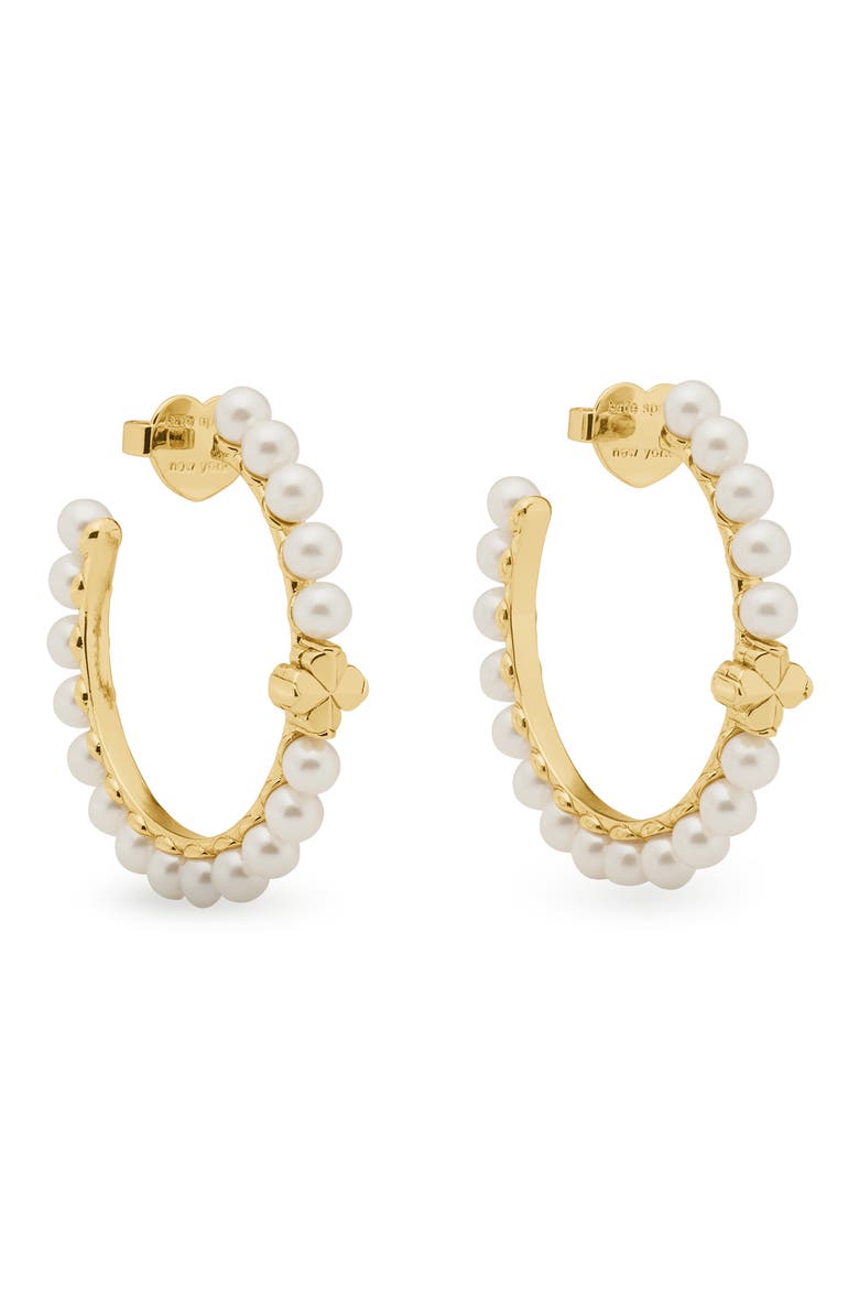 spade flower faux pearl hoop earrings, Main, color, WHITE GOLD.