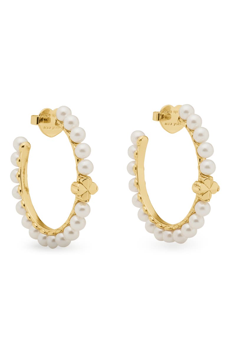 Kate Spade New York spade flower faux pearl hoop earrings, Main, color, White Gold.