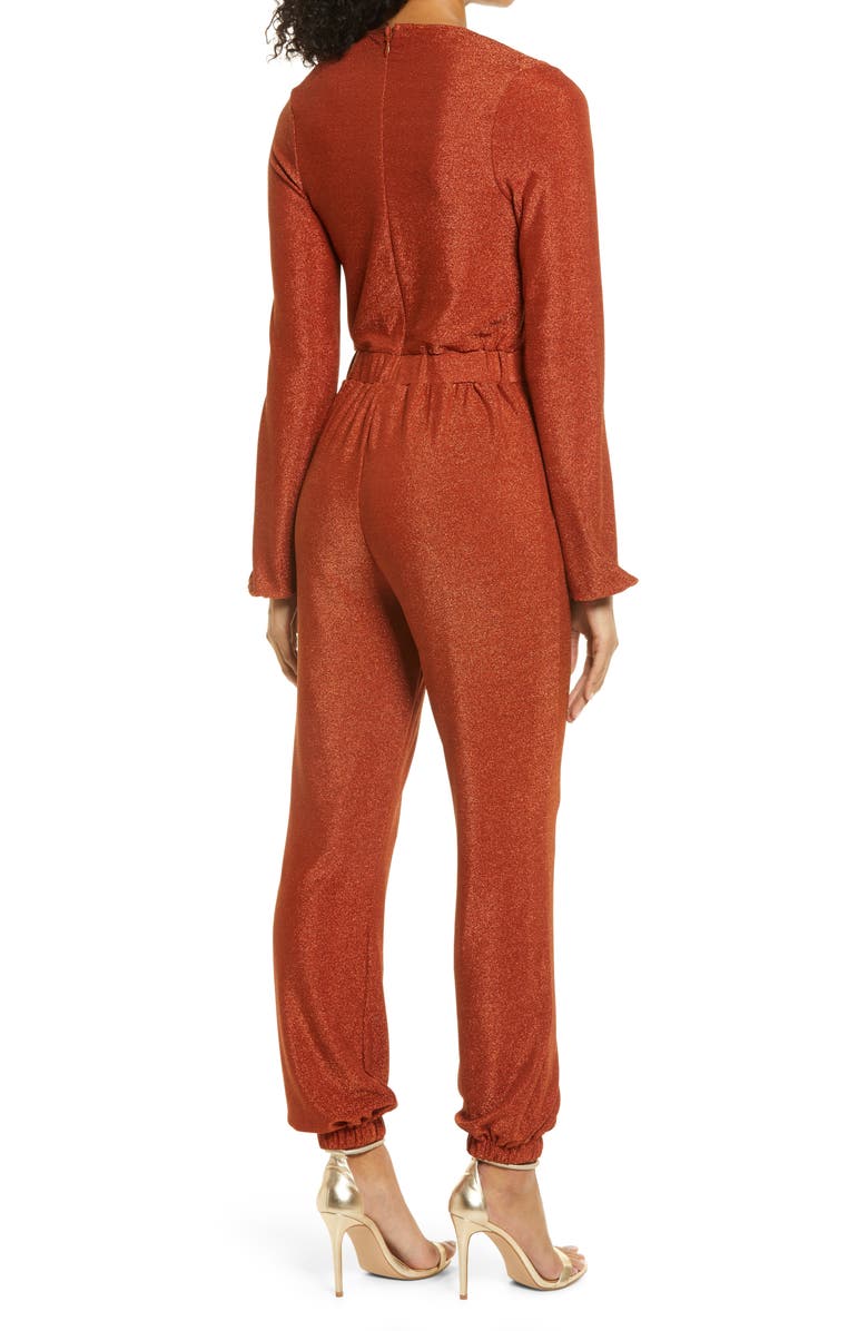 bebe Metallic Knit Long Sleeve Jumpsuit, Alternate, color, 