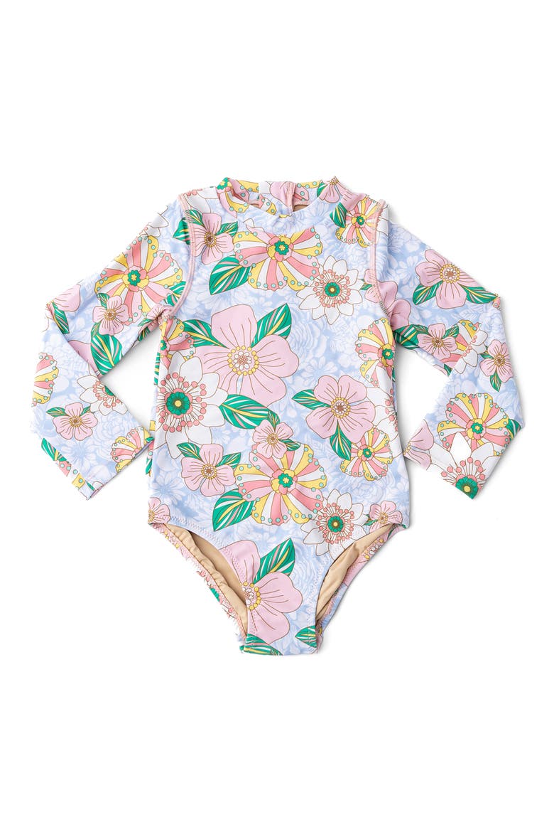 Kids' Retro Floral Long Sleeve One-Piece UPF 50+ Rashguard Swimsuit, Main, color, PINK MULTI