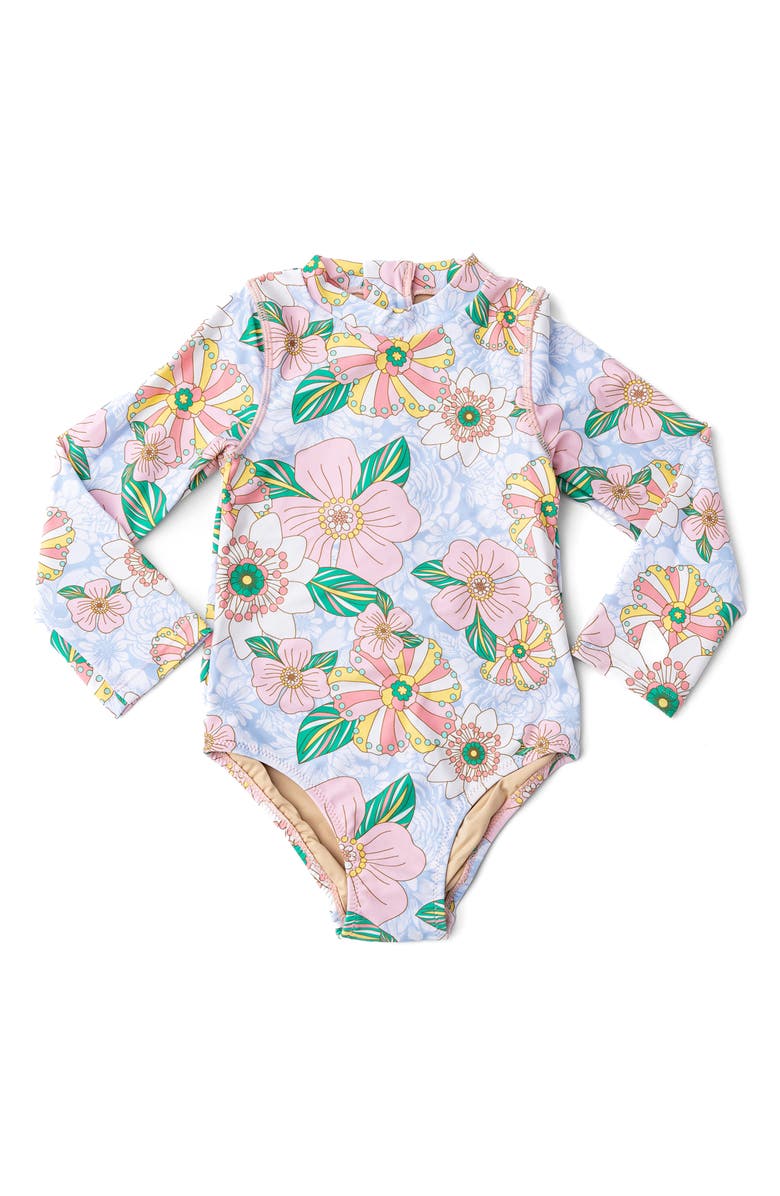 Shade Critters Kids' Retro Floral Long Sleeve One-Piece UPF 50+ Rashguard Swimsuit, Main, color, Pink Multi