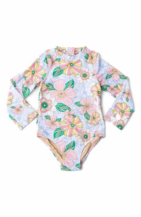 Shade Critters Kids' Retro Floral Long Sleeve One-Piece UPF 50+ Rashguard Swimsuit