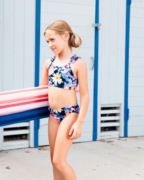 Deux Par Deux Little Girl's Printed Two-piece Swimsuit Navy And Yellow And Pink Flowers In Navy Yellow And Pink Flowers