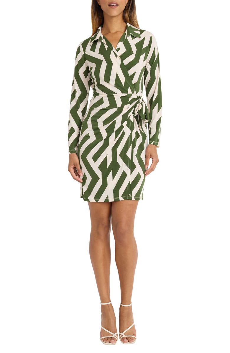 Donna Morgan Print Long Sleeve Wrap Shirtdress, Main, color, Olive/ Cream