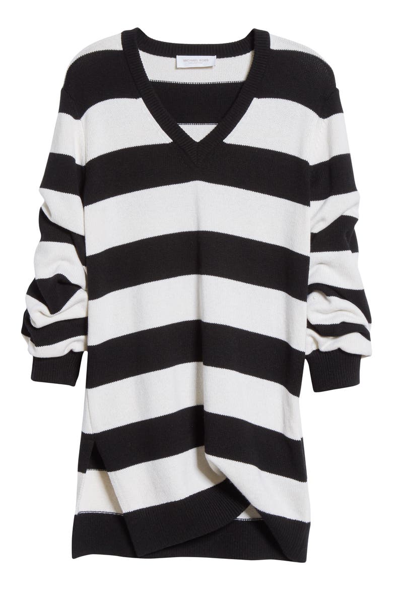 Michael Kors Stripe Draped Asymmetrical Cashmere Sweater, Alternate, color, BLACK/ WHITE