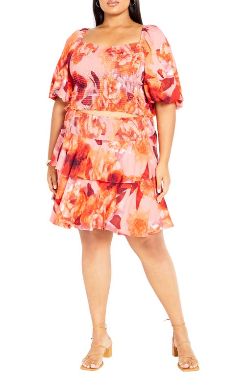 City Chic Poppie Print Smocked Crop Top In Pink