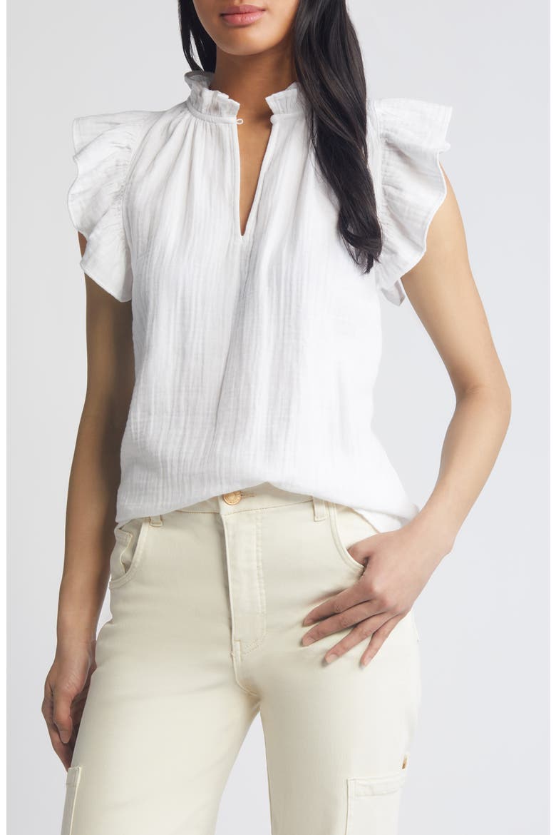 Flounce Sleeve Cotton Gauze Top, Main, color, WHITE