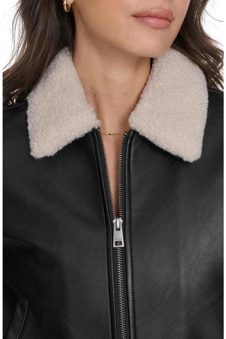 Faux Leather Bomber Jacket with Faux Shearling Collar, Alternate, color, BLACK