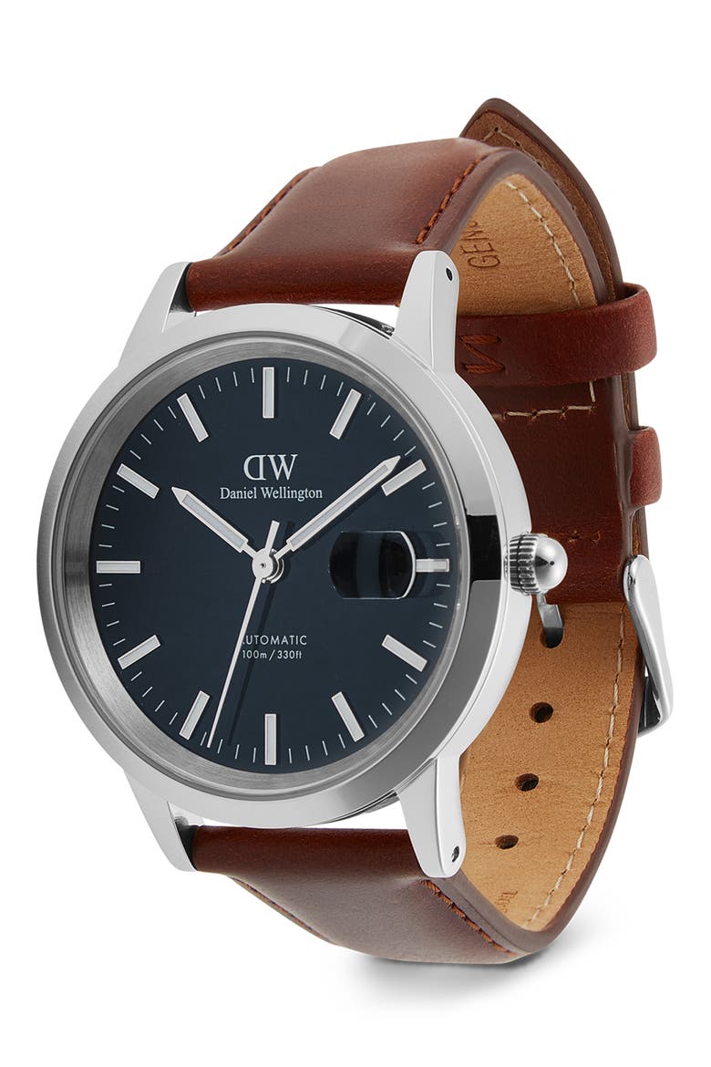 Iconic Automatic Leather Strap Watch, 40mm, Alternate, color, BROWN/ SILVER