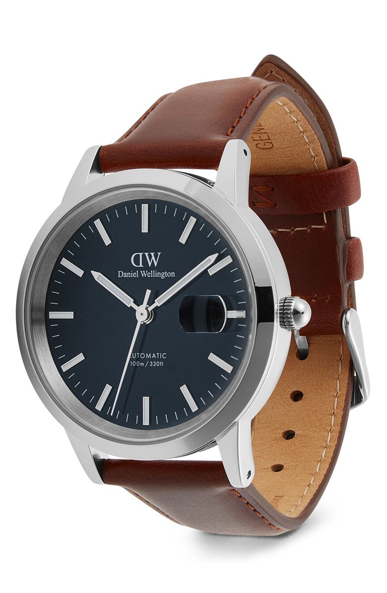 Daniel Wellington Iconic Automatic Leather Strap Watch, 40mm, Alternate, color, Brown/ Silver