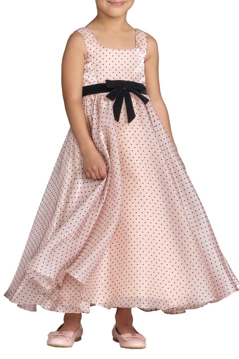 Girls Polka Dot Chiffon Maxi Dress with Bow Sash