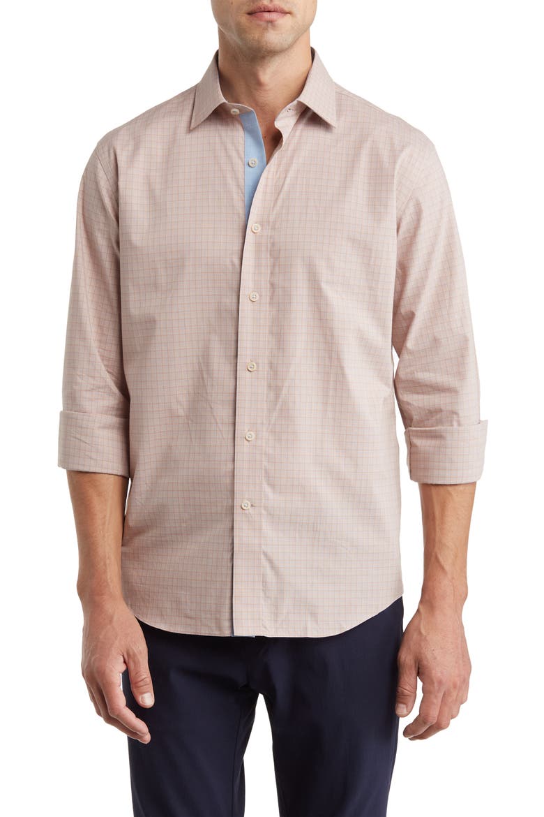 Trim Fit Check Long Sleeve Cotton Button-Up Shirt, Main, color, ORANGE/ LIGHT BLUE