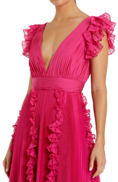 Mac Duggal Pleated Ruffle Cap Sleeve Flowy A Line Gown In Fuchsia