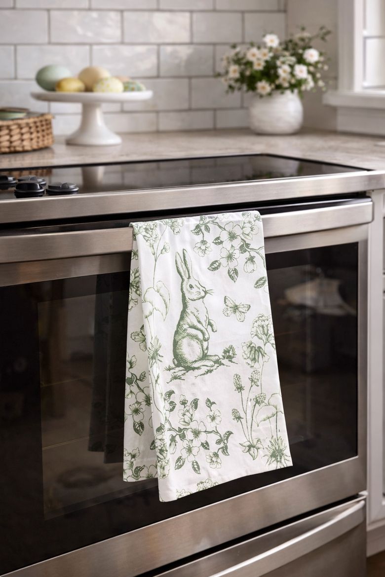 Spring Greens Easter Bunny Toile 100% Cotton Flour Sack Dishtowel, Alternate, color, Green