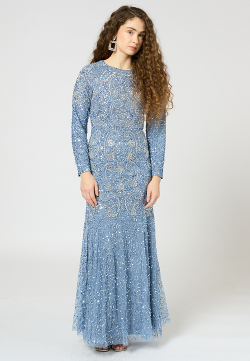 Maryisa Modest Embellished Sequin Beaded Maxi Occasional Dress