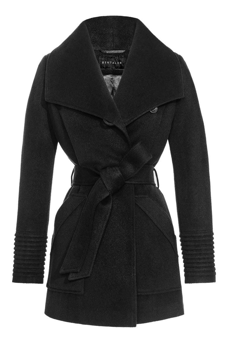 Baby Alpaca & Wool Cropped Wide Collar Wrap Coat, Alternate, color, BLACK