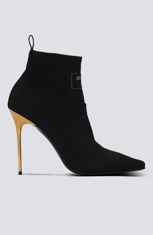 Balmain Black Stretch Knit Ankle Boots With Gold Lacquered Stiletto Heel In Black
