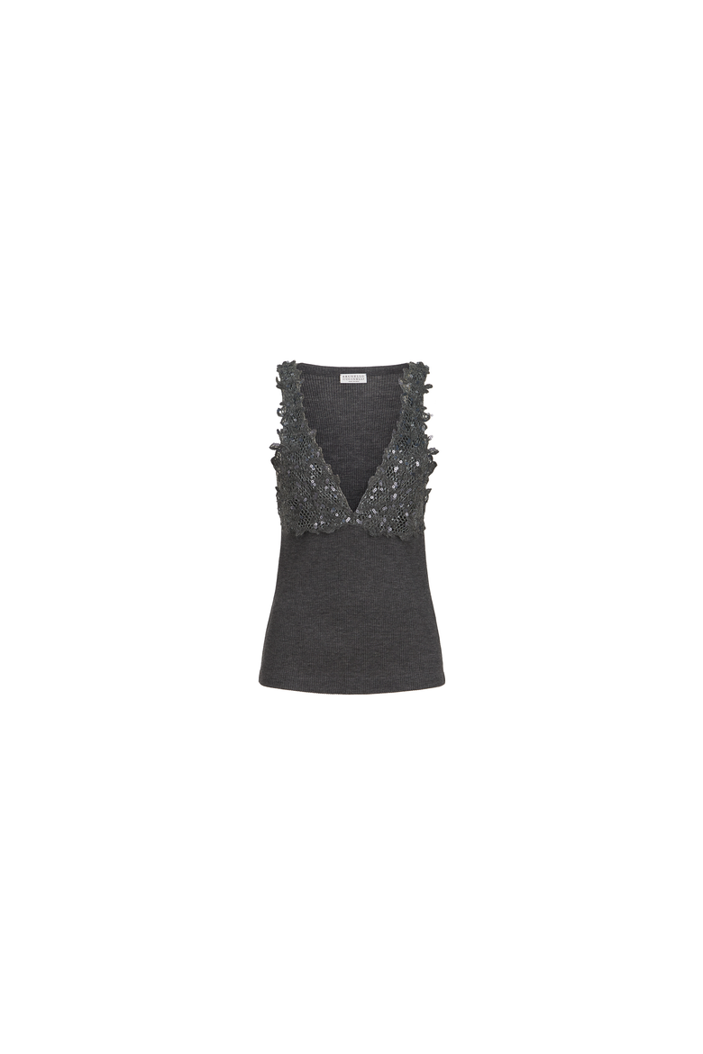 Ribbed wool jersey top with dazzling lace embroidery, Alternate, color, Lead