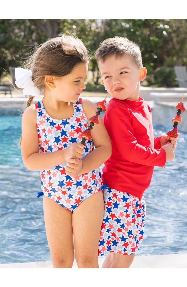 RuffleButts UPF50 Sun Protected Cross-Back One Piece, Alternate, color, Shimmer Star-Spangled