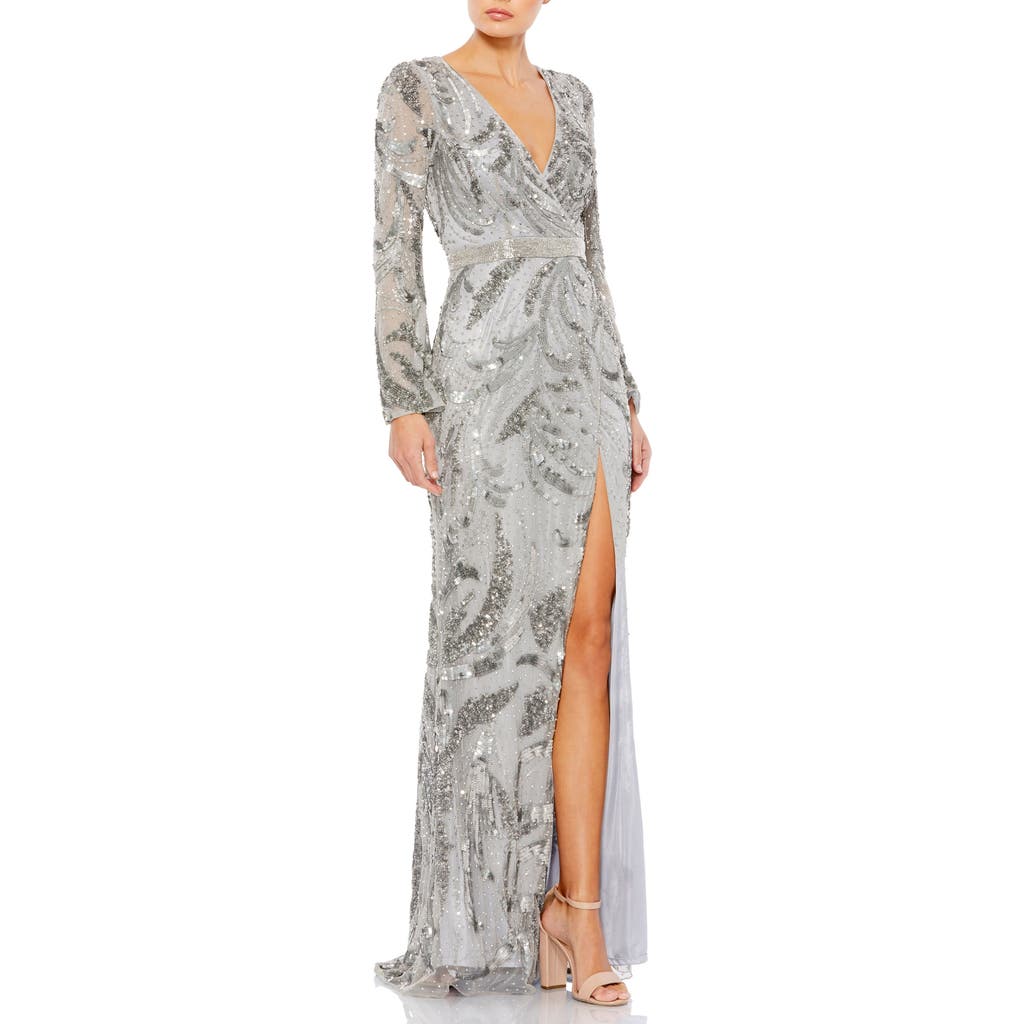 Mac Duggal Sequined Faux Wrap Split Long Sleeve Gown In Platinum