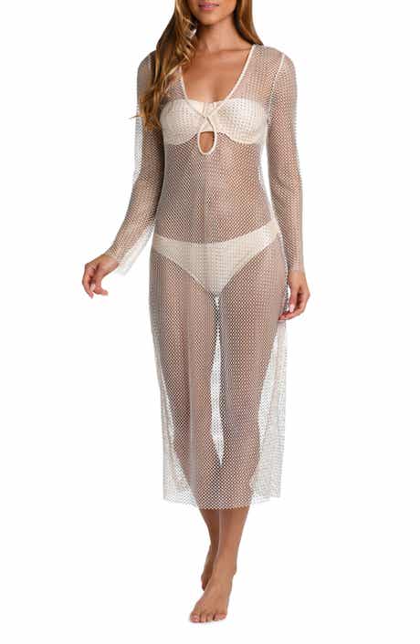 L'AGENCE Sara Shine Long Sleeve Sheer Mesh Cover-Up Dress