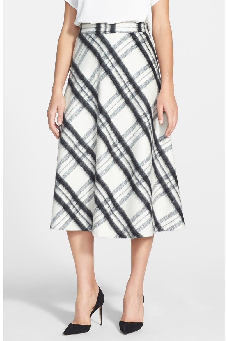 Bias Cut Plaid Wool Blend Skirt, Main, color, IVORY- BLACK PLAID