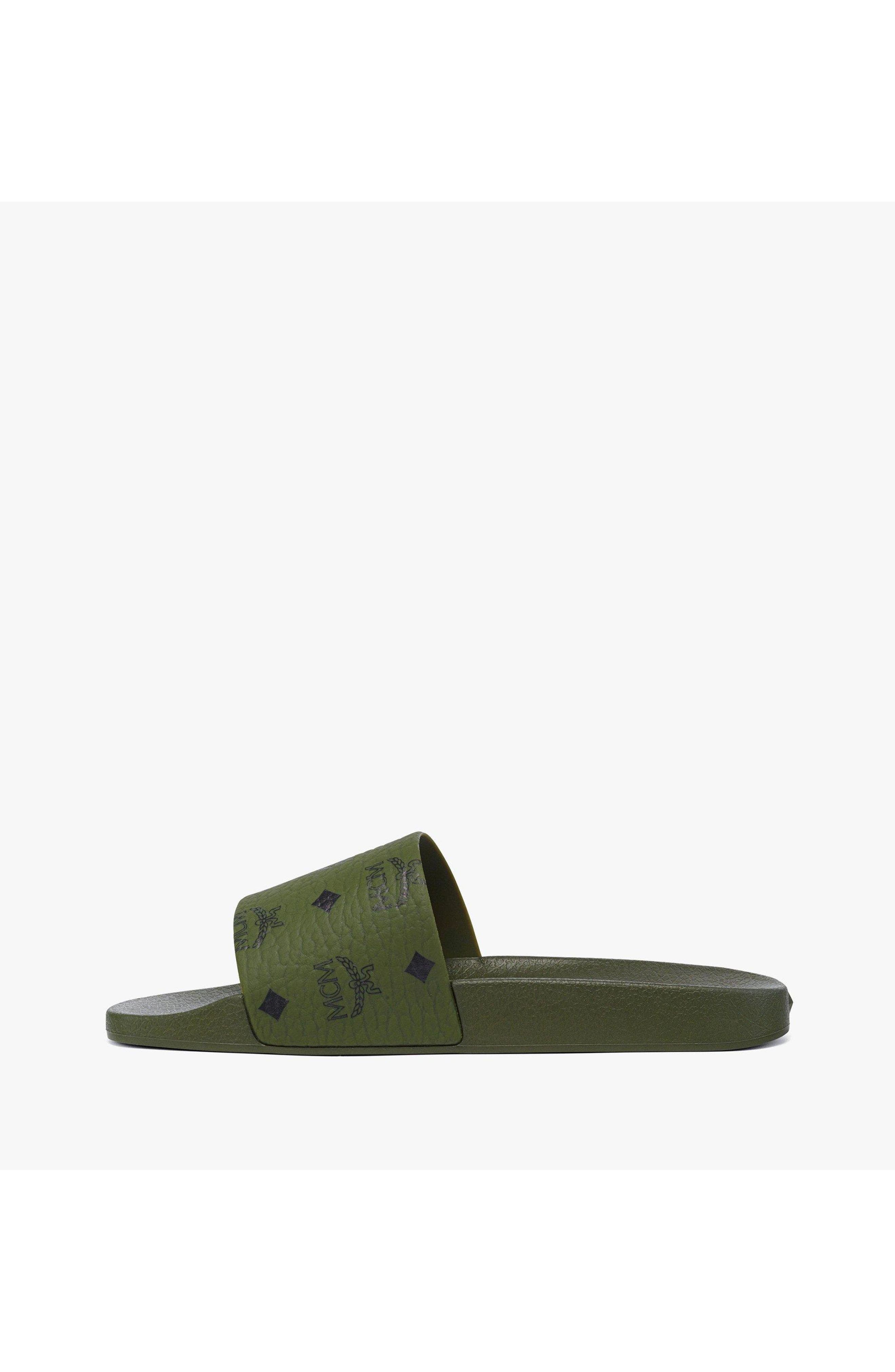 Monogram Print Rubber Slides, Alternate, color, Khaki Moss