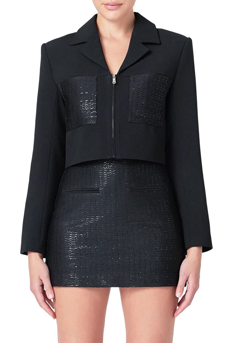 Sequin Pocket Crop Blazer, Main, color, BLACK