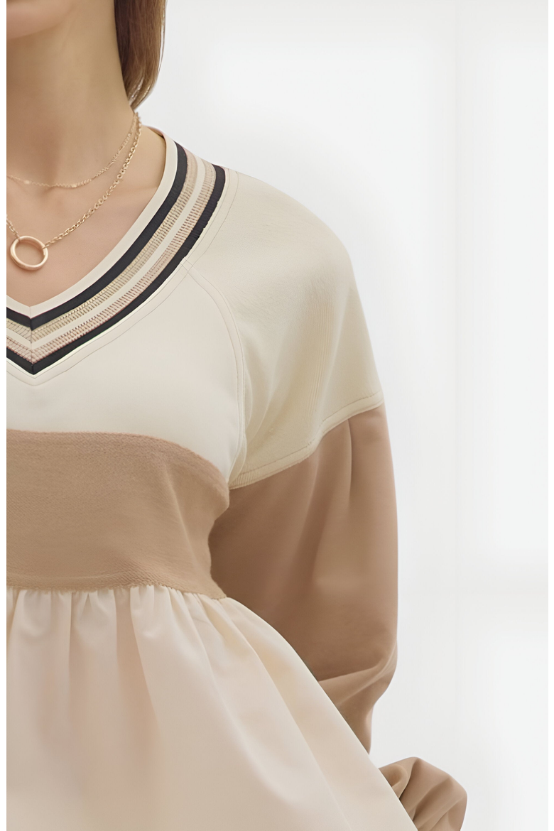 Colorblock V-Neck Top with Peplum Hem, Alternate, color, Beige