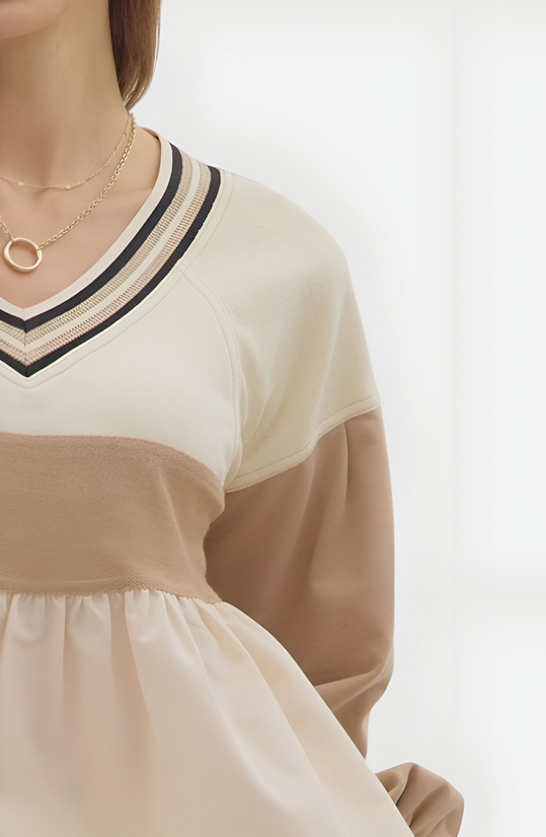 Modenaire Colorblock V-Neck Top with Peplum Hem, Alternate, color, Beige