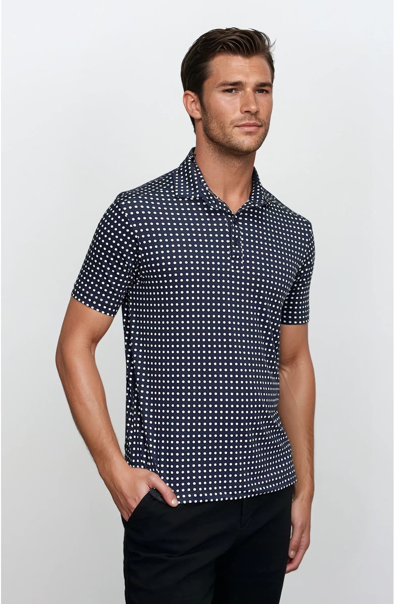 24sevenMen Wrinkle Resistant 3 Button Polka Dot Polo Shirt, Alternate, color, Navy Multi