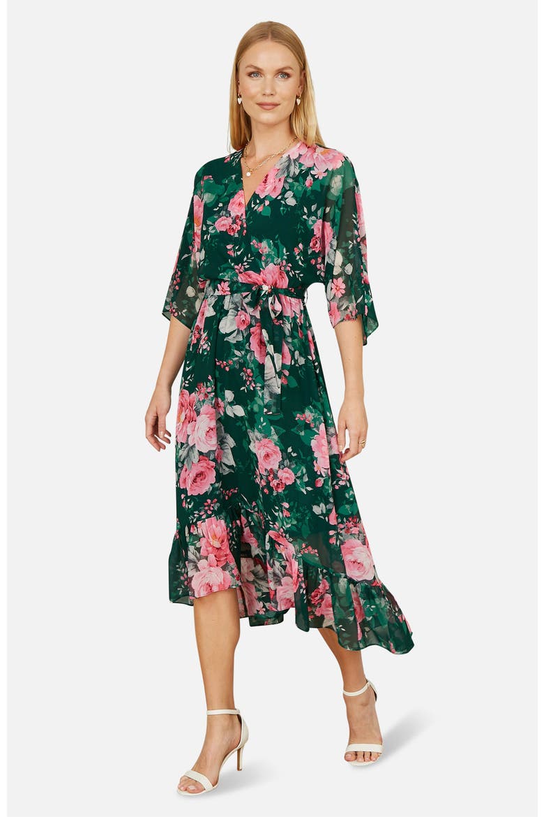 Midi Dip Hem Wrap Midi Dress, Alternate, color, Green