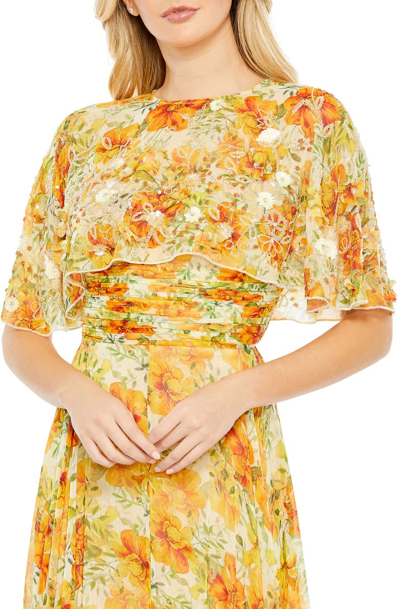 Mac Duggal Floral Print High Neck Cape Sleeve A Line Gown, Alternate, color, Yellow Multi