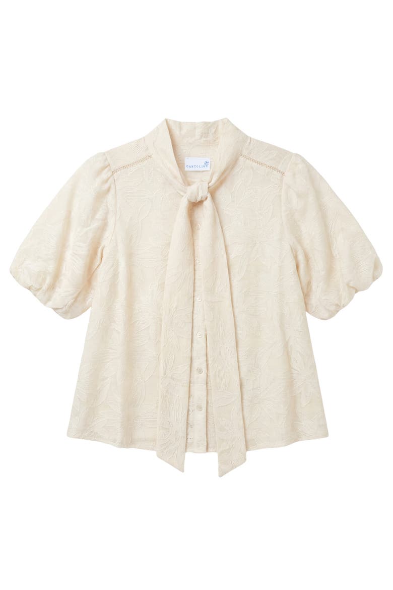 Peggy Tie Neck Jacquard Blouse, Main, color, Ivory