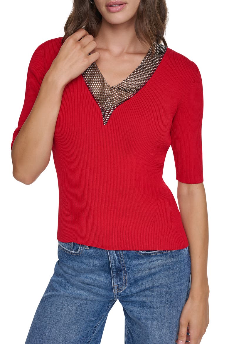 Embellished V-Neck Sweater, Main, color, VIBRANT RE