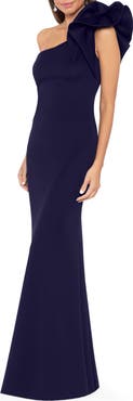 Betsy & Adam Ruffle One-Shoulder Trumpet Gown