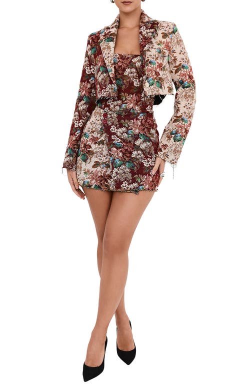 Shop Mistress Rocks Floral Jacquard Crop Blazer In Burgundy Multicolor