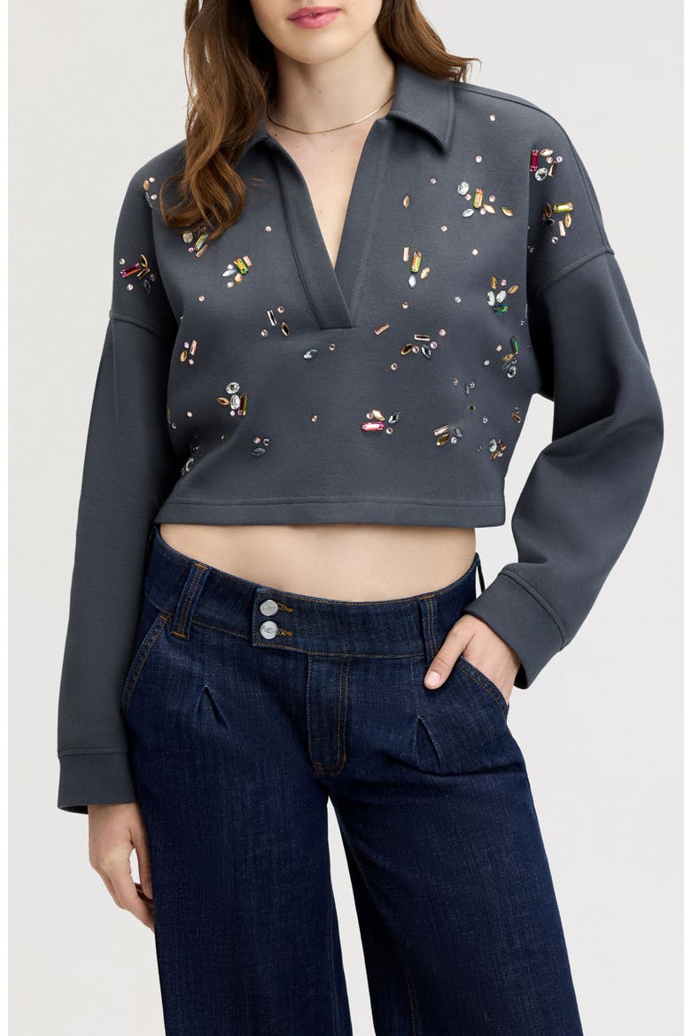 Crystal Embellished Rugby Polo Sweater, Main, color, ENGLISH GREY